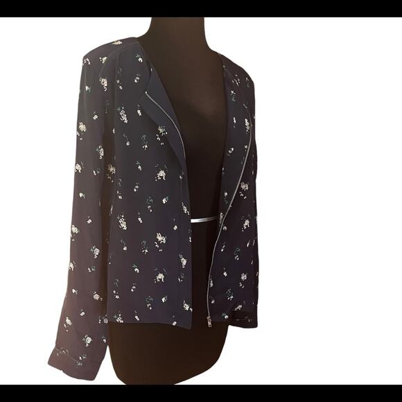 Anthro Harlyn Silk Micro Floral Boho Navy Feminine Coquette Zip Up Jacket L - Picture 1 of 9
